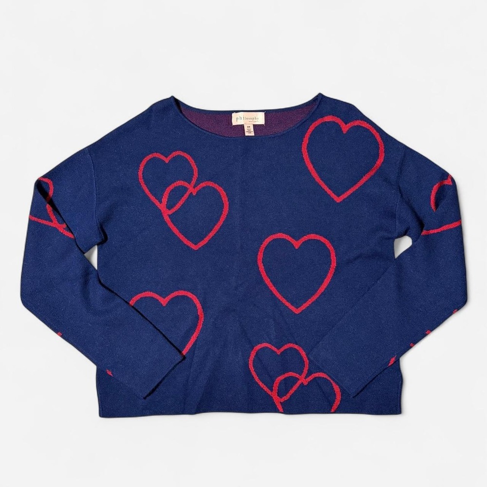 Philosophy Republic Clothing Navy Blue Red Heart Knit Sweater Womens Size M